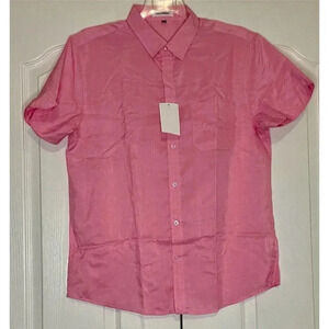DELCARINO Men's M Short Sleeve Button Up Linen Shirt Summer Casual Pocket Pink‎